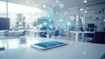 Naklejka premium High-tech digital world concept, smartphone on desk with virtual social networking icons floating above