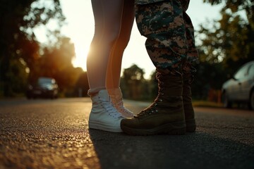 A young military couple shares a romantic kiss, symbolizing a joyful homecoming