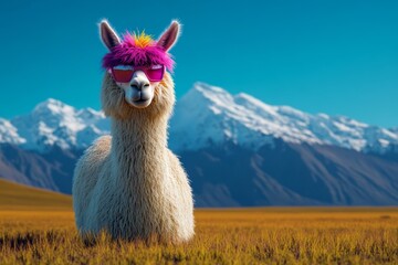 Fototapeta premium Llama wearing sunglasses and a pink hat stands in a field. The scene is peaceful and serene, with the llama being the main focus
