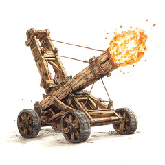 Medieval Wooden Siege Weapon Firing Flaming Projectile