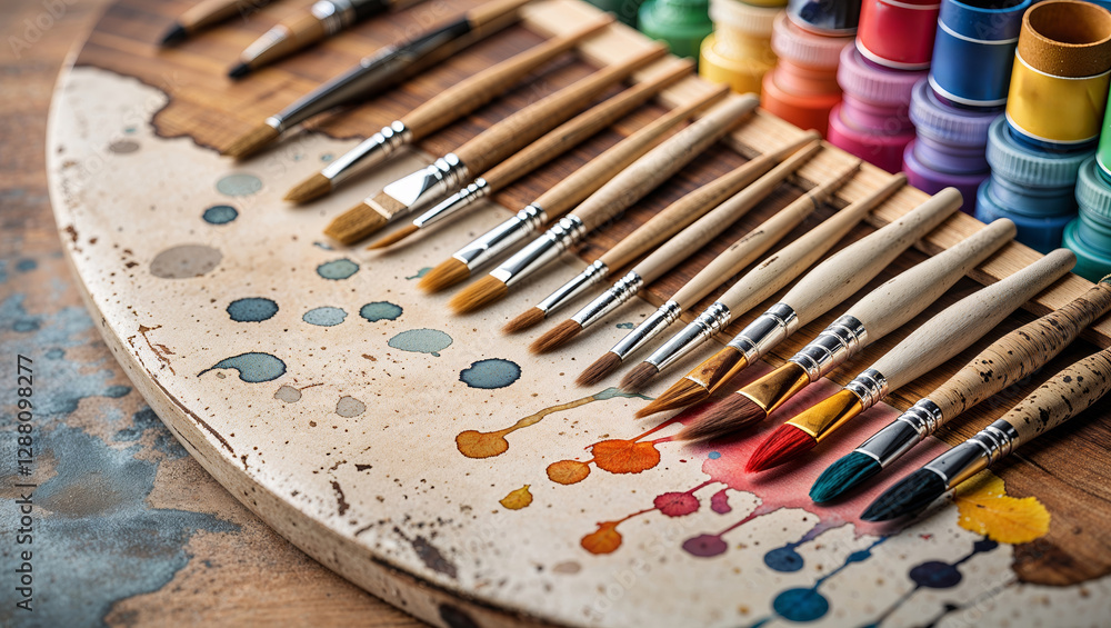Poster vibrant assortment of paintbrushes and paints arranged on a rustic palette in a creative workspace