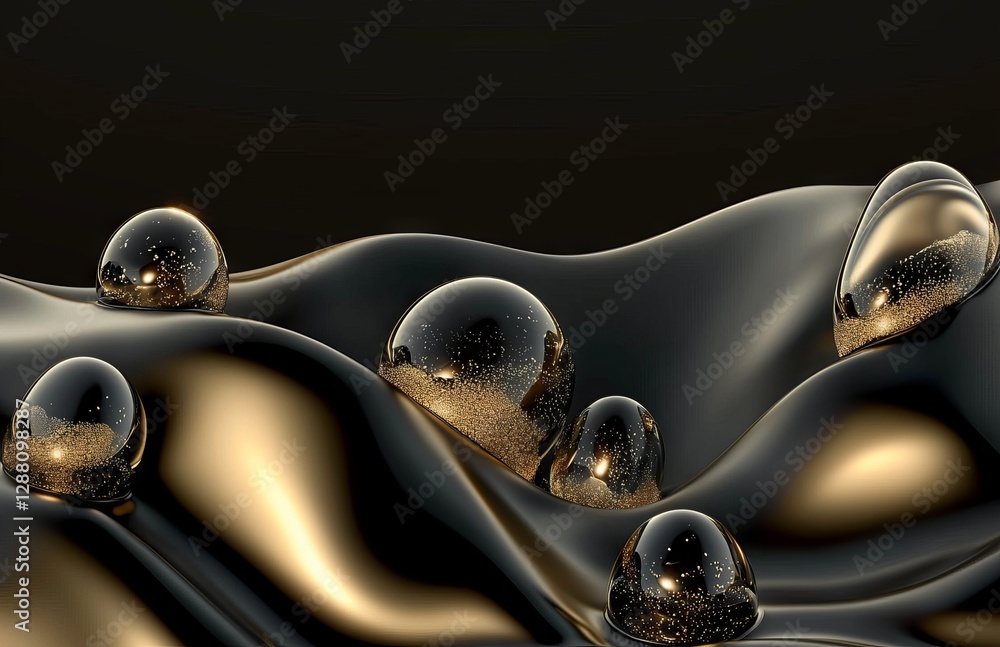 Poster a smooth blend of abstract gold and black hues forms the background, complete with a flowing line, a