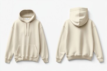 Front and back view of a cream oversized hoodie mockup on a white background, with no text or logo in the center. 