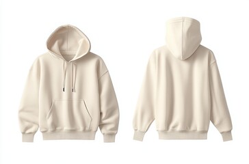 Front and back view of a cream oversized hoodie mockup on a white background, with no text or logo in the center. 