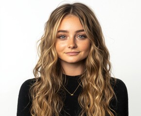 Fototapeta premium The girl has beautiful blonde hair styled in an elegant manner, featuring a wavy and curly hairstyle, and is adorned with jewellery, including earrings and a bracelet