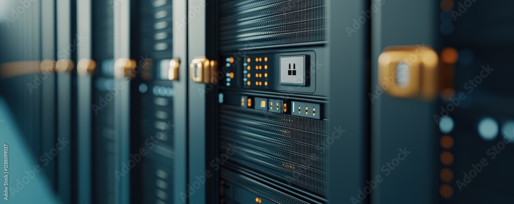Poster customer experience trust analysis concept. data center with server racks and intricate connections 