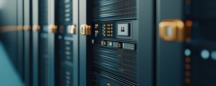 Customer experience trust analysis concept. Data center with server racks and intricate connections visible.