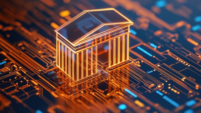 Customer experience trust analysis concept. Digital representation of a classical building on a circuit board.