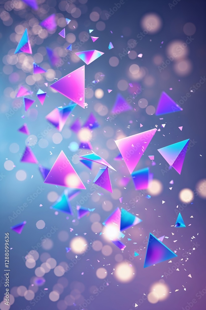 Poster colorful geometric shapes floating against a blurred background during an event in an artistic setti