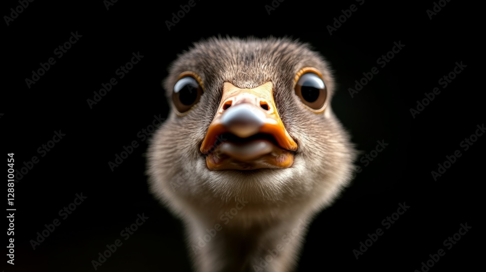 Poster duck with its beak open and looking at the camera.