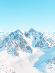 Fototapeta premium Heart-shaped snowdrift nestled in a majestic snow-capped mountain range. Serene winter landscape.