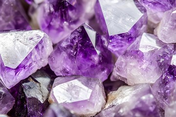 Fototapeta premium A beautiful natural gemstone, the amethyst geode is showcased on a black background in an extreme close-up macro shot