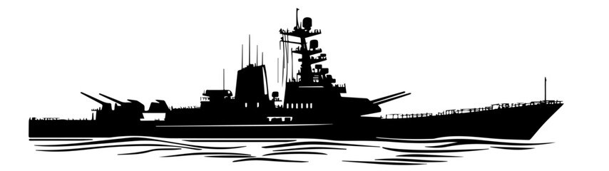 Fototapeta premium Black and white illustration of a warship. Ship. Navy.
