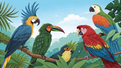 A vibrant gathering of Lilac-breasted Rollers and Bee-eaters perched on branches, showcasing their spectacularly colorful plumage against a backdrop of lush green foliage and a clear blue sky. This im