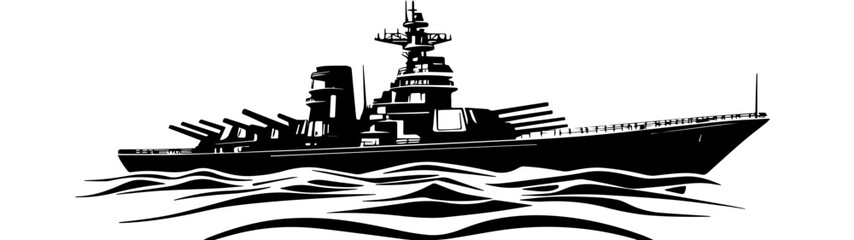 Black and white illustration of a warship. Ship. Navy.