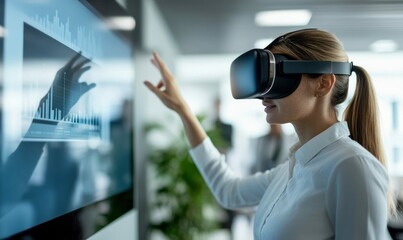 Businesswoman Using Virtual Reality for Data Analysis in Modern Office