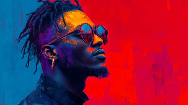 Man with dreadlocks and sunglasses is looking at the camera. The image is a colorful abstract with a red background
