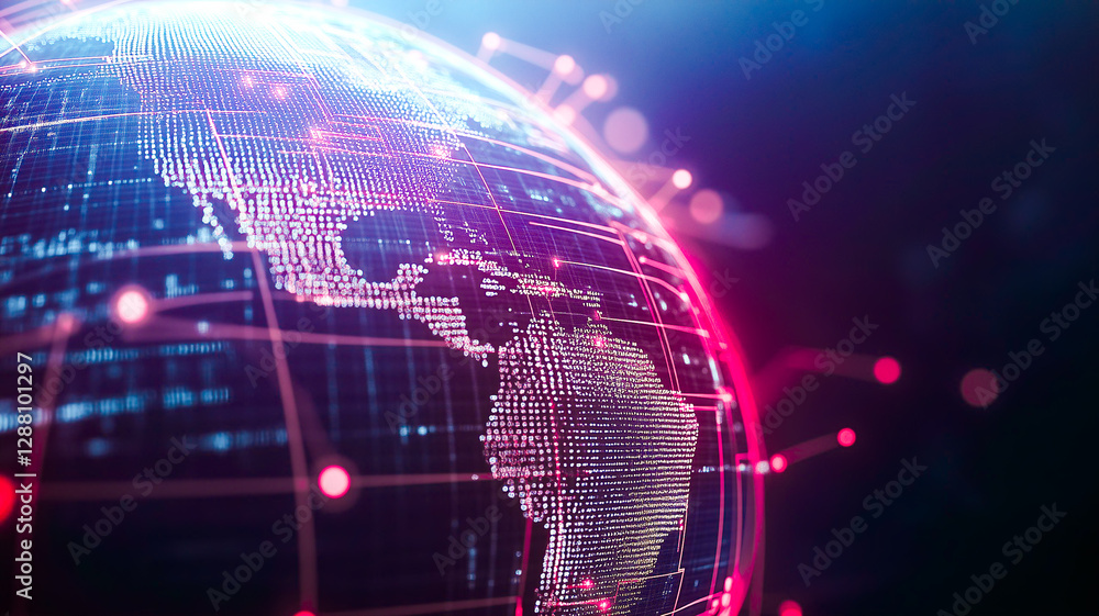 Poster global network: a glowing digital network overlays a detailed globe, representing the interconnected