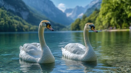 Fototapeta premium Two swans on a mountain lake