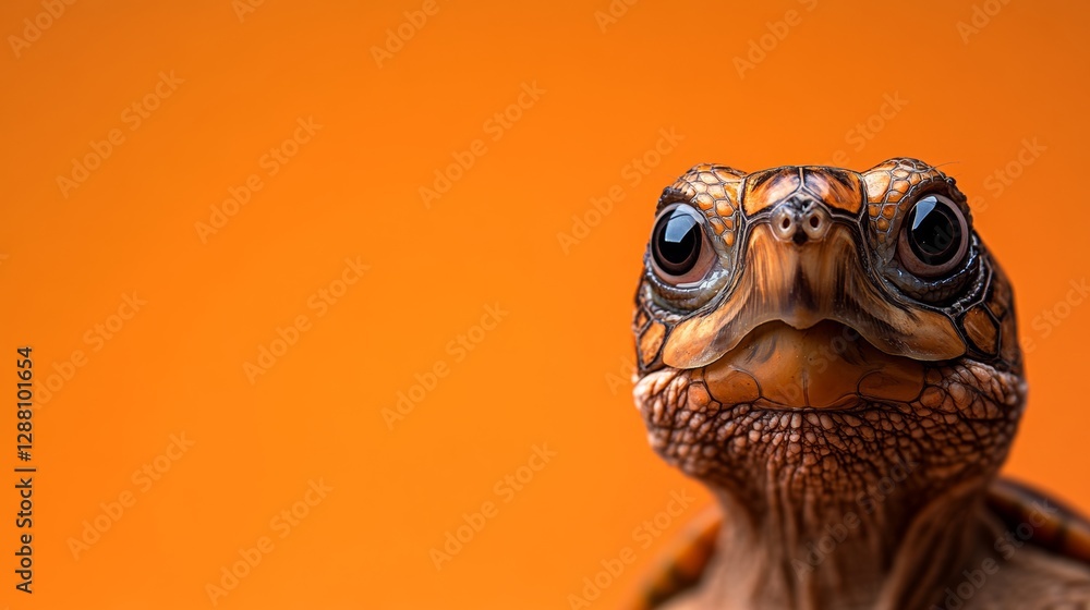 Poster baby turtle with a curious look on its face. the orange background adds a warm and inviting atmosphe