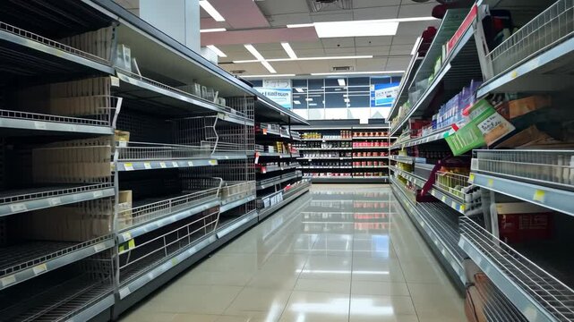 Food shortage causes empty shelves in a generic supermarket during peak shopping hours, highlighting supply chain issues faced by consumers nationwide