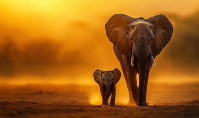 Mother Elephant and Baby Walking Across African Savannah at Sunset