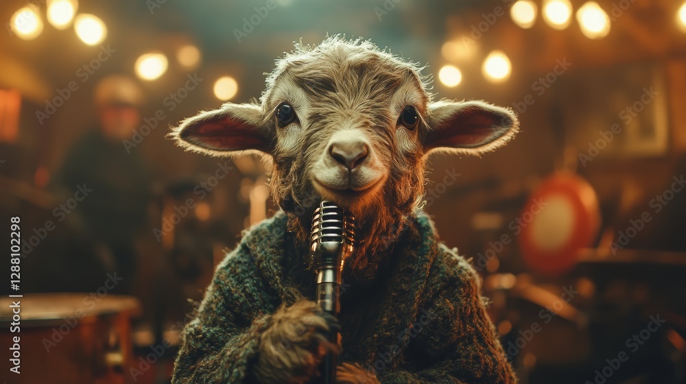 Aufkleber sheep is holding a microphone and smiling. the scene is set in a bar with a man in the background