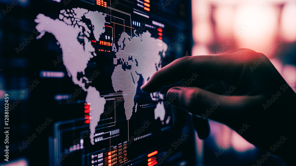 Aufkleber global connectivity at your fingertips: a person's hand interacting with an illuminated world map on
