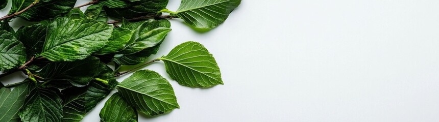 Obraz premium Eine natürliche Verzierung in Form von grünen Blättern auf weiß, präsentiert im Panorama Format