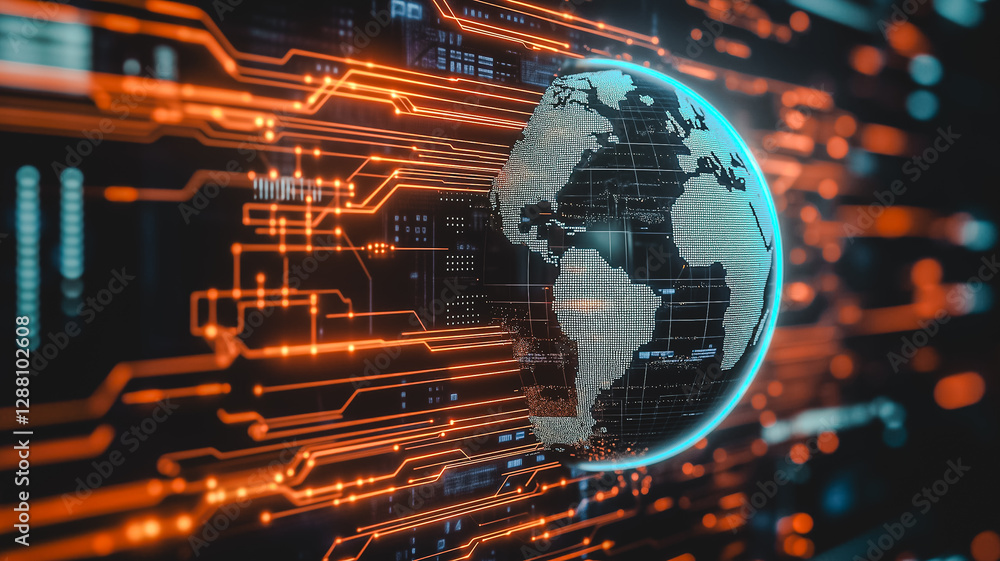 Poster global connectivity: digital earth, data flow, illuminated with glowing circuits representing worldw