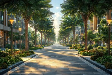 Obraz premium Urban avenue, lush trees, sunny day, shopping district, ideal for commercial use