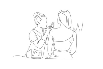 A dermatologist is examining a female patient's skin. Visiting dermatologists concept one-line drawing