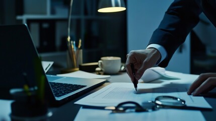 Obraz premium A forensic accountant investigating suspicious transactions for money laundering in a modern office. Featuring attention to detail and focus