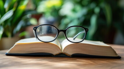Open book with reading glasses placed on a wooden school desk, quiet learning scene