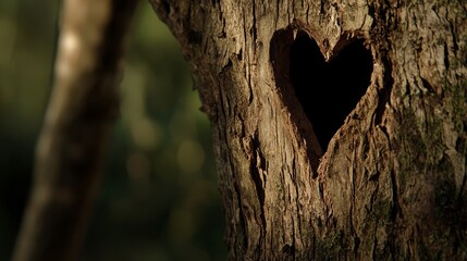 Fototapeta premium In the midst of a vibrant green forest, a tree trunk has organically developed a heart formation, serving as a perfect Valentine's Day background with room for text