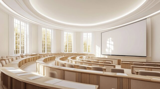 Open classroom layout with student desks arranged in a circular format, a large projector, and modern lighting, D render
