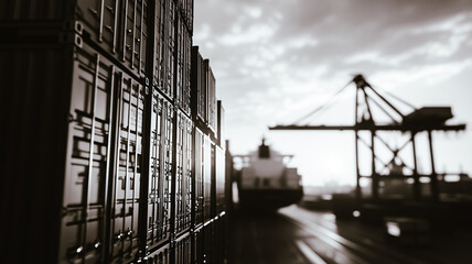 Naklejka premium Maritime Logistics in Monochrome: An evocative monochrome photograph capturing the bustling activity of a cargo port, showcasing stacked shipping containers, a majestic cargo ship.
