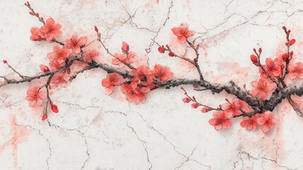 A serene branch of cherry blossoms against a marbled background.