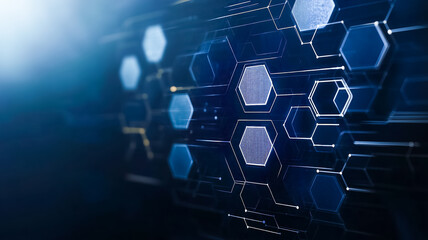 Digital Hexagon Network: An eye-catching illustration of a digital network composed of interconnected hexagonal structures with circuit patterns, offering a sense of advanced technology.
