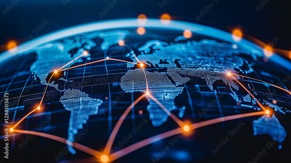 Poster global network: a luminous, digital rendering of the earth, overlaid with a vibrant network of inter