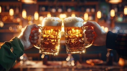 Obraz premium Two friends toast with frosty mugs of beer in a lively bar, illuminated by warm golden lights. The scene captures the joy and camaraderie of shared moments, creating a welcoming and festive atmosphere