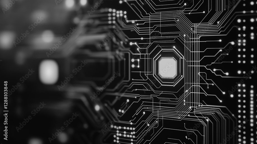 Poster microchip complexity: an intricate circuit board, its delicate pathways and central processor bathed