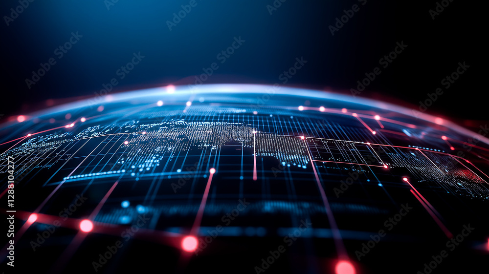 Poster global network: a conceptual illustration of a world with network connections, the planet glows with