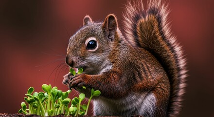 Obraz premium Close-up of a squirrel eating young sprouts in nature