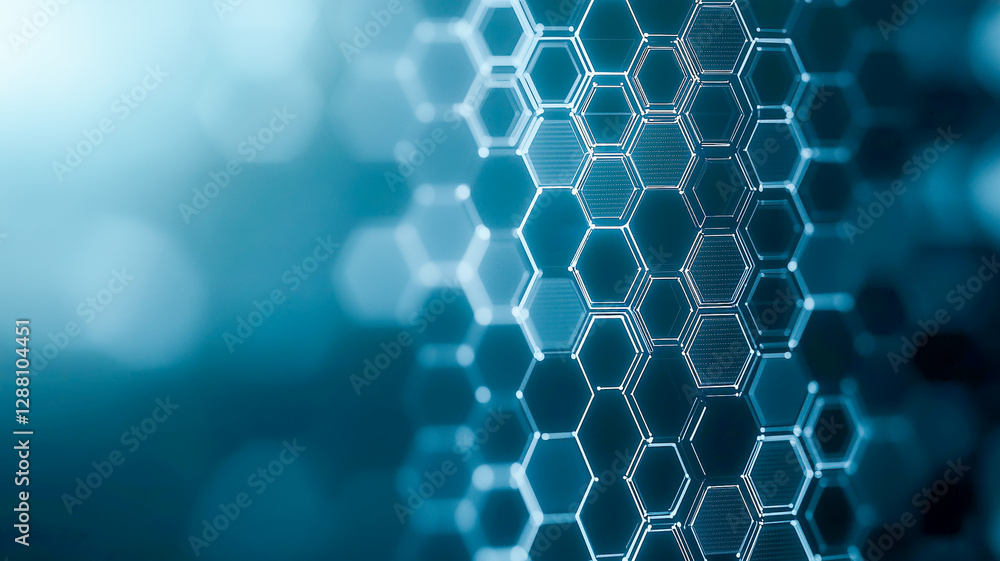 Poster hexagonal abstract: a close-up view of a complex, futuristic structure made of glowing hexagonal pat