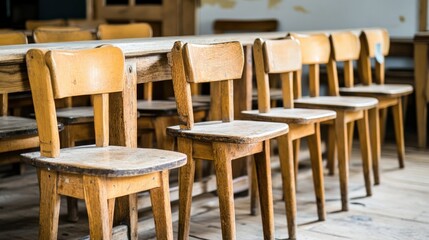Schoolroom with a classic touch, wooden chairs lined up neatly, peaceful and empty