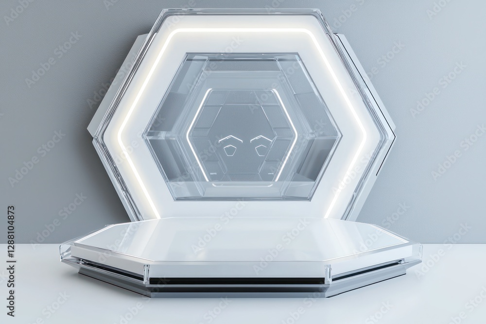 Poster showcase tech on hexagonal 3d podium, transparent and ready for branding.