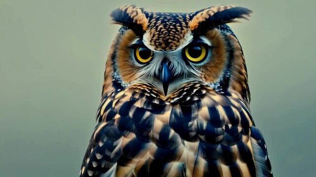Owl horizontal slow motion high resolution cinematic animal video, Animation high resolution cinematic Creative 4k video, Young chimpanzee sitting on forest floor
