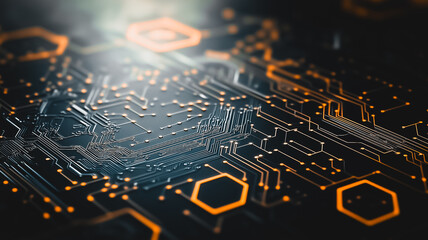 Cybernetic Circuitry: A detailed close-up reveals the intricate network of a circuit board, with glowing pathways and a sense of futuristic design. The image conveys technological advancements.