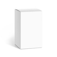 Realistic white closed paperboard box mockup. Half side view. Vector illustration isolated on white background. Taking your 2D designs into 3D. Can be use for pharmacy, cosmetic, food. EPS10.